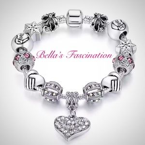 Zircon Crystal Heart Charm Bracelet 925 Silver